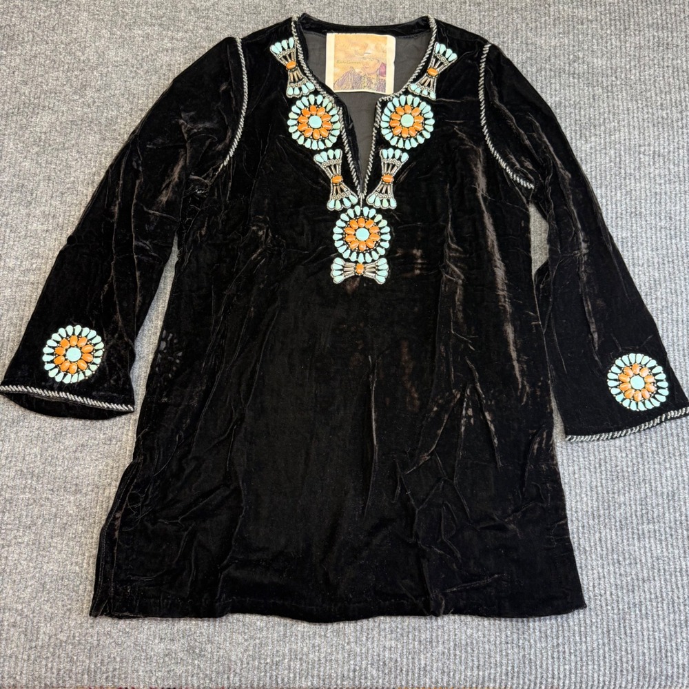Black Velvet Tunic Top XL Stone Embellished Boho Gothic Luxe Evening Chic Whimsy